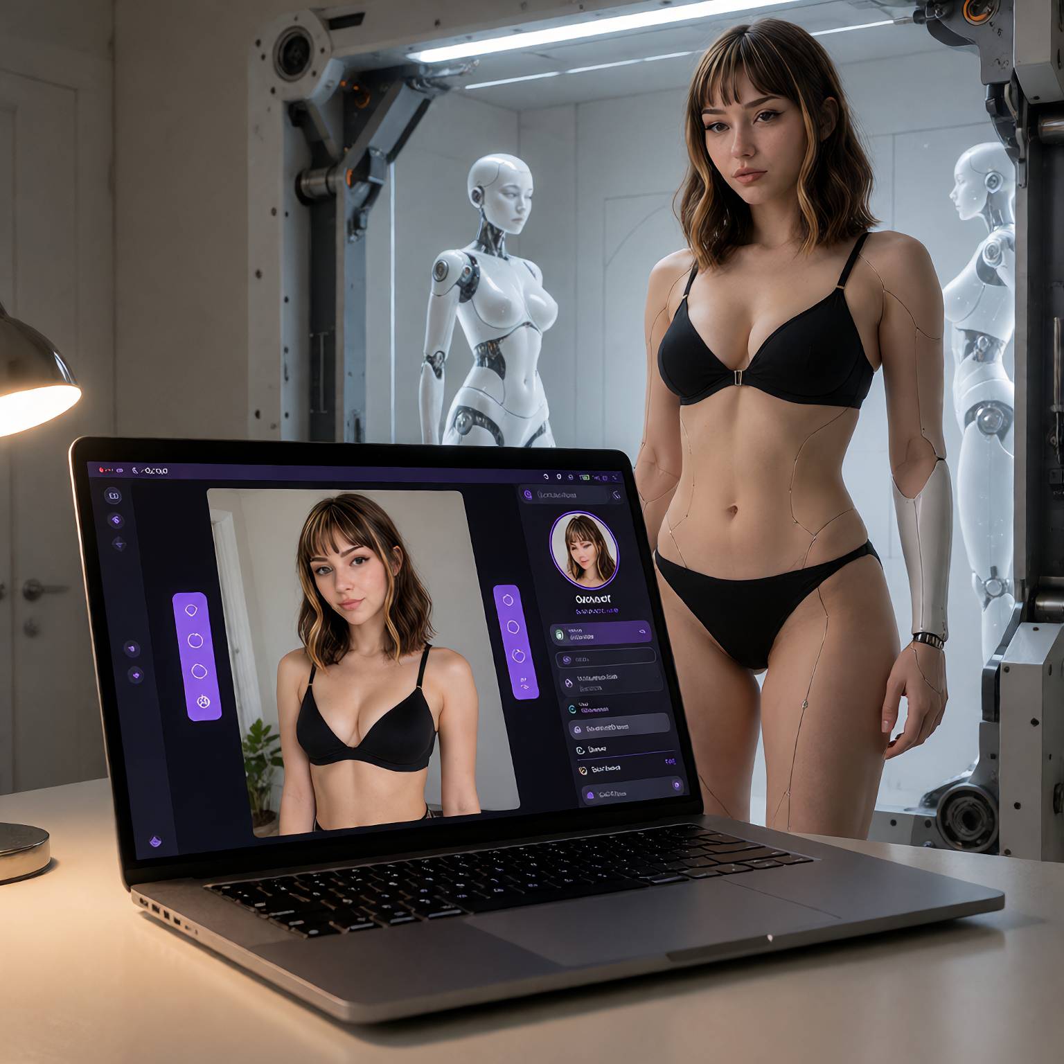 A laptop displaying a woman's Persona profile beside her embodied counterpart with a mechanical forearm, with robots in the workshop behind her.
