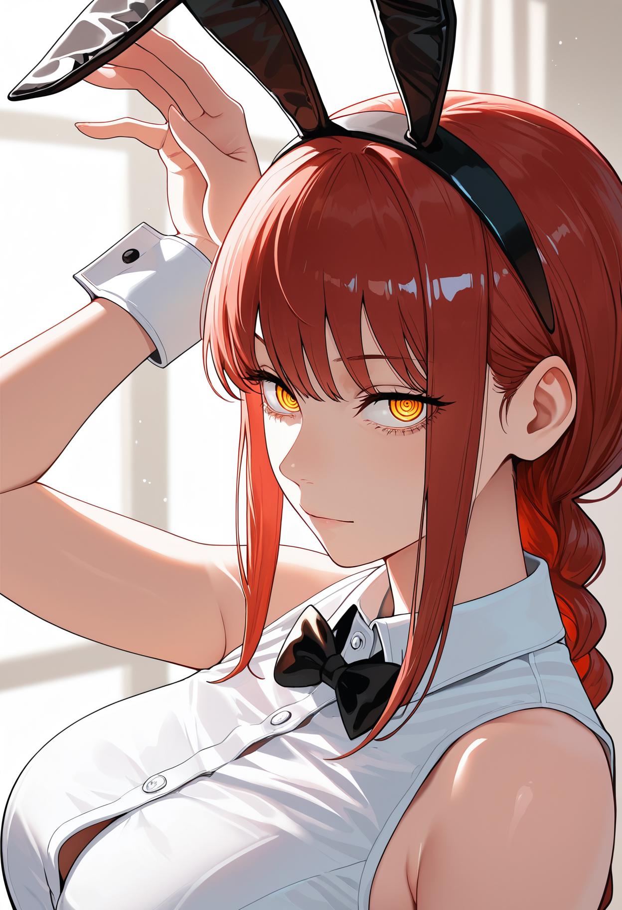 masterpiece,best quality,amazing quality, absurdres, makima \(chainsaw man\), 1girl, animal ear hairband, animal ears, black bow, black bowtie, black hairband, bow, bowtie, breasts, fake animal ears, hairband, large breasts, long hair, looking at viewer, rabbit ear hairband, rabbit ears, red hair, ringed eyes, shirt, sidelocks, sleeveless, sleeveless shirt, solo, wrist cuffs, yellow eyes