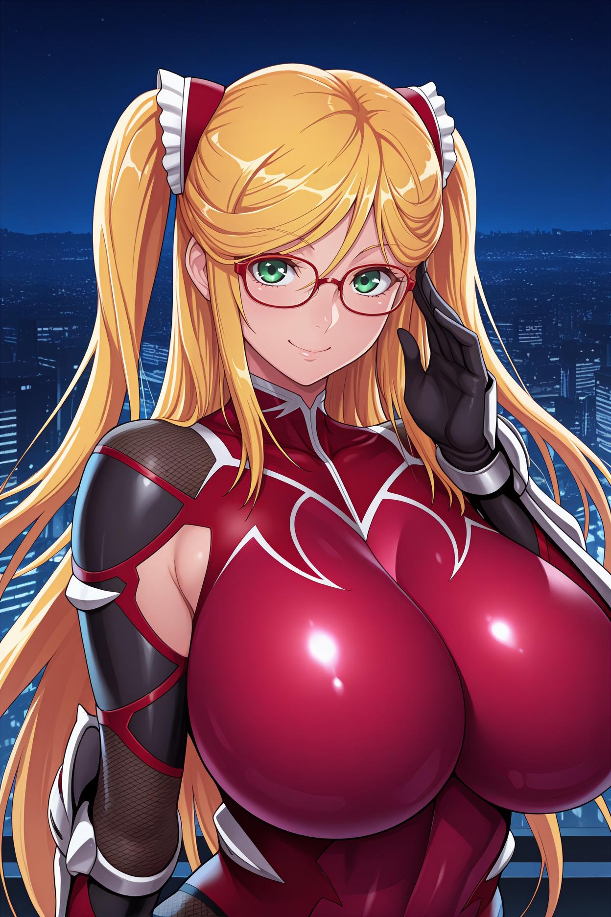 masterpiece, best quality, 1girl, solo, <lora:kousakashizuru-illu-nvwls-v1-000006:1> defshk, long hair, two side up, blonde hair, green eyes, huge breasts, hair ornament, glasses, red-framed eyewear, red bodysuit, skin tight, fishnets, black gloves, elbow gloves, gauntlets, upper body, looking at viewer, smile, night sky, cityscape