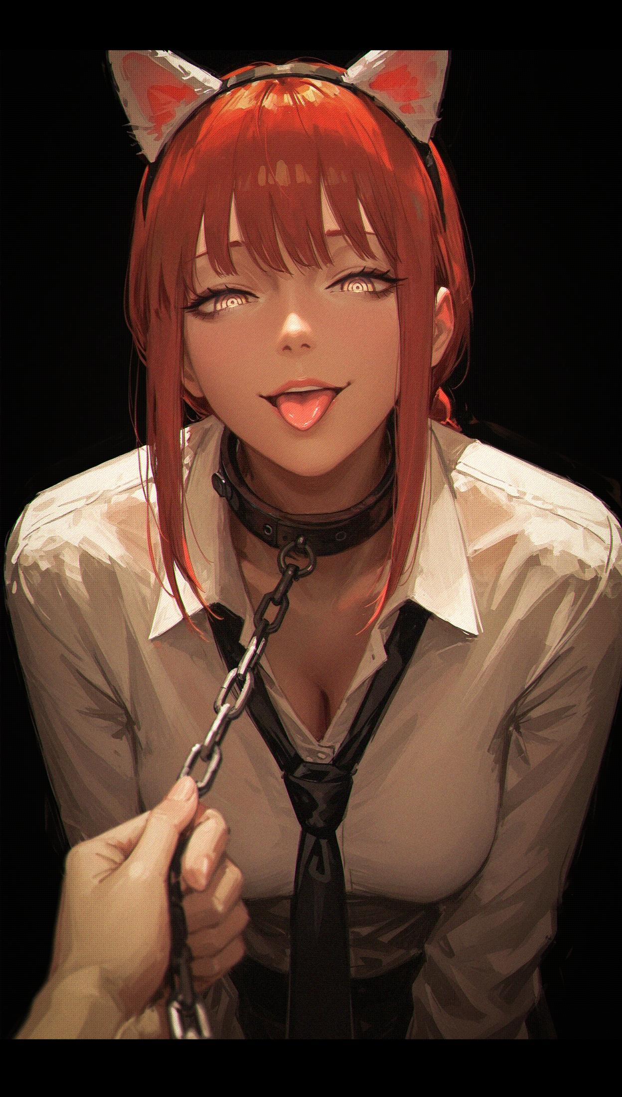 makima \(chainsaw man\), 1girl, solo, upper body, leaning forward, smug, loose necktie, pov hand, pulling another's chain leash, tongue out, fake dog ears, chain leash, half-closed eyes,
black background, simple background, yellow eyes, ringed eyes,
<lora:PSAIX_MERGE:0.9>,
guweiz,
masterpiece, best quality, amazing quality, very aesthetic, highres,