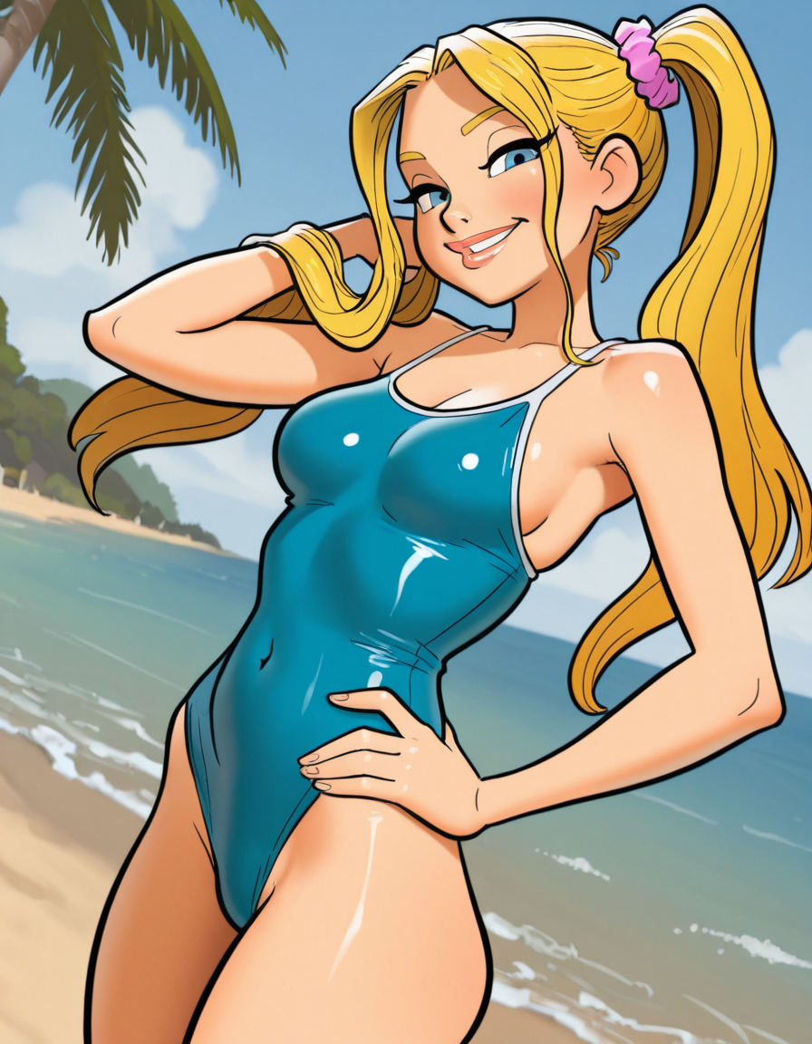 hw,thick lips, long_twintails,blonde hair,scrunchie,medium breasts,  breasts,blue eyes,  smile, looking at viewer, blue sky, beach, swimsuit,cowboy shot,hand on own hip,hand in own hair, grin,   <lora:JabhouseWork:1>, masterpiece, best quality, amazing quality, very aesthetic, absurdres