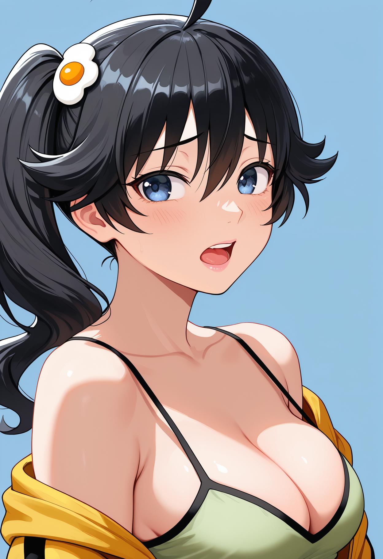 masterpiece,best quality,amazing quality,absurdres, BREAK
araragi karen, 1girl, ahoge, bare shoulders, black hair, black trim, blue background, blue eyes, blush, breasts, camisole, cleavage, close-up, collarbone, egg hair ornament, food-themed hair ornament, fried egg, from side, green camisole, hair between eyes, hair ornament, jacket, light blush, looking at viewer, looking to the side, medium breasts, off shoulder, open clothes, open jacket, open mouth, pink lips, portrait, raised eyebrows, side ponytail, simple background, skindentation, solo, spaghetti strap, teeth, tongue, turning head, upper body, upper teeth only, yellow jacket
