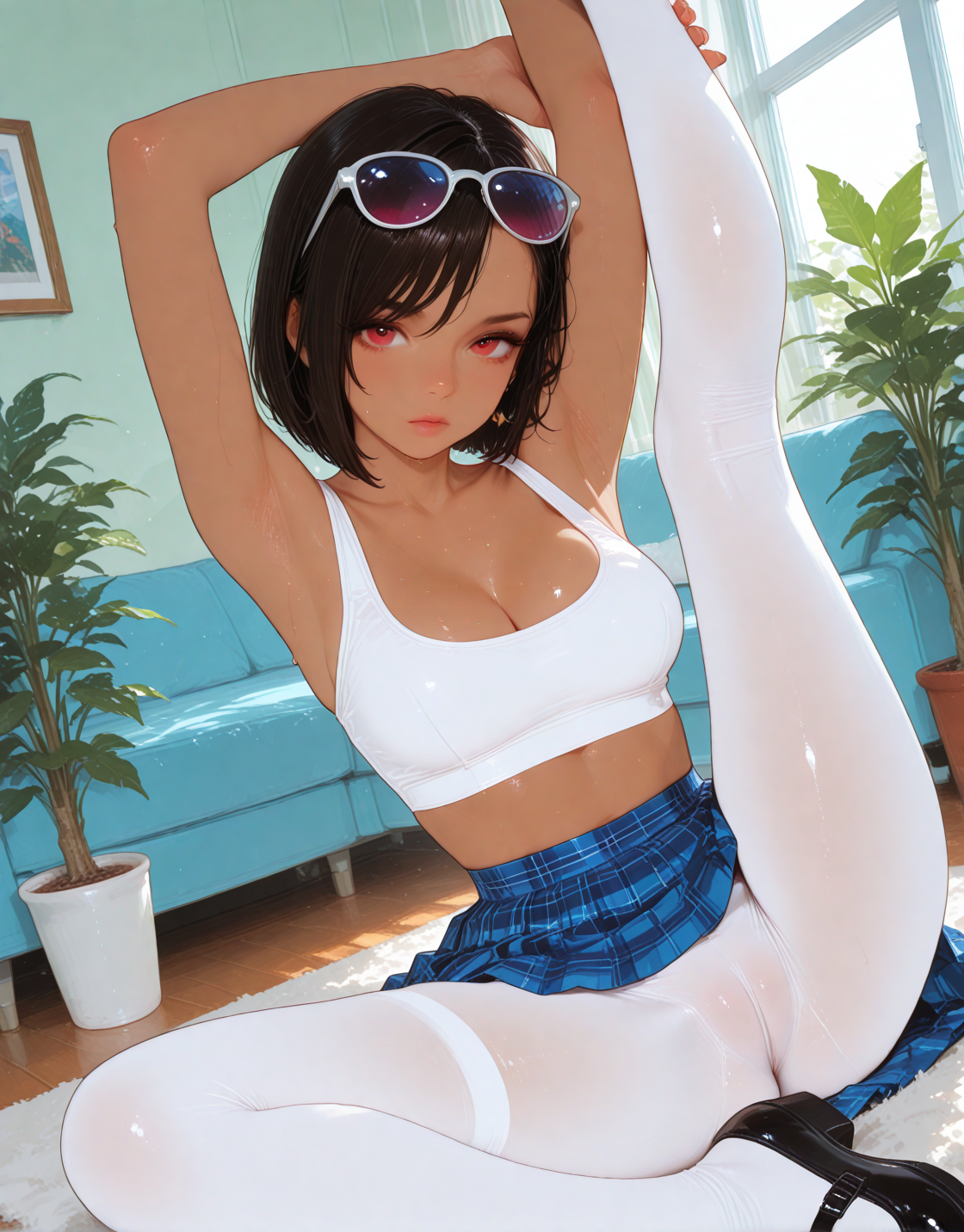 <lora:PetraStyle:1> <lora:ppw_v8_noobVpredv1_1_128:1> <lora:rakugakingu:1>
masterwork, masterpiece, highres, very aesthetic, uhd, amazing quality, cinematic light, intricate details, perfect composition, high detailed face, absolutely gorgeous, dynamic angle, ((high detailed eyes)), ((perfect eyes)), ray tracing,
(lazypos, HDR, 8K, masterpiece, best quality, amazing quality, very aesthetic, (realistic:1), (flat color:1.8), (haiz_ai:1), (no lineart:1), (no outline:1), (Flat vector:1), lisa hamilton (dead or alive), dark skin, curly brown hair, sunglasses on head, red eyes, wearing tight spandex yoga set, white leggings, sports bra, doing yoga, impossible stretch, leg behind head, sweaty skin, shiny, cameltoe, cleavage, looking at viewer, living room, sunlight, plants,), (Schoolgirl, Pleated plaid skirt, white blouse, knee-high socks, and Mary Janes),