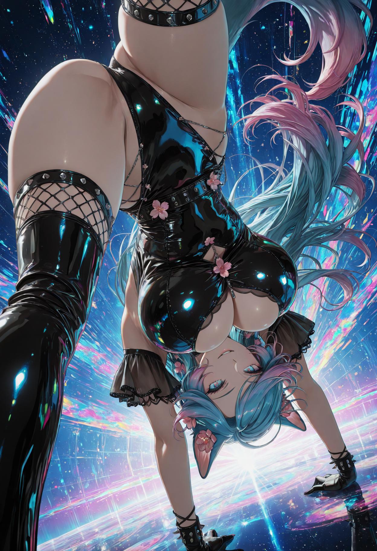 1girl, solo, silvervale, dynamic angle,
abstract background, teasing, 
, mÎ¨h0r_a97Q,prismatic light, refraction, contrast lighting,
lazypos, oppai challenge, handstand