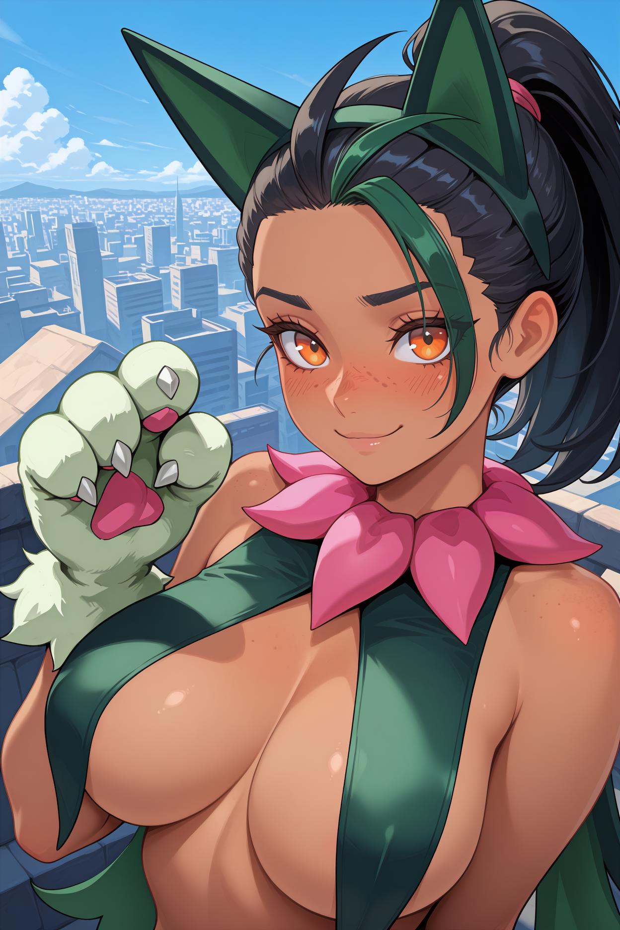 masterpiece, best quality, 1girl, solo,  <lora:meowscaradaoutfit-illu-nvwls-v1:1> mcoutfit, fake cat ears, hairband, pink neck ring, green cape, green breast curtains, green paw gloves,  <lora:pokemon_nemona_noobAIXL11EPS:1> n3m0nadef, dark-skinned female, freckles, streaked hair, black hair, green hair, ponytail, hair pulled back, orange eyes, eyelashes, large breasts, smile, blush, looking at viewer, hand up, blue sky, city