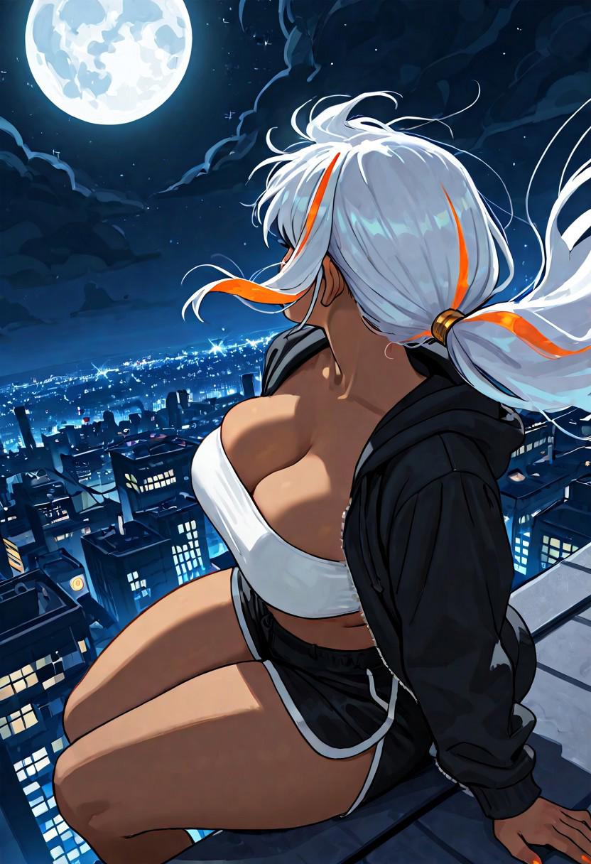 masterpiece, best quality, ultra-detailed, absurdres, || 1girl, cute, curvy, ((milf, mature woman, mommy)), (dark-skinned female:1.7), (white hair:1.3), ((orange streaked_hair:1.8)), (long hair:1.2), (((heavily streaked_hair throughout))), ((two-tone hair)), ((multicolor hair)), (ponytail), (side locks), (orange nail polish), looking up, (looking away), facing away, lost in thought, (black hoodie), open hoodie, white bandeau, black shorts, (hoodie fluttering in the wind), (hair fluttering), floating hair, flying hair, 
sitting on the edge of a rooftop, legs dangling, cowboy shot, thighs and up view,
epic wide shot, from side,
at night, (vast cityscape at night:1.2), skyscrapers, sparkling city lights, night sky, (dramatic full moon:1.3), moon right aligned, 
cinematic lighting, (moonlight as key light:1.2), rim lighting, glowing hair, moody lighting, deep shadows.