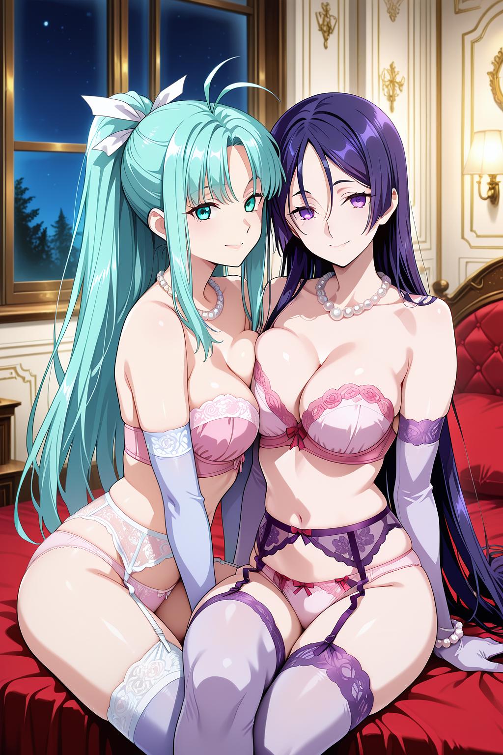 masterpiece, best quality, amazing quality, very aesthetic, absurdres, newest, anime screencap, anime colouring, highres, very detailed, anime, good anatomy, unholy-aesthetic, ultra detailed face,ultra detailed eyes, perfect eyes, 

herencia, 2girls, yuri,

royal bedroom background, red bed, white walls, indoors, dim ambient light, window, night,

<lora:gsmia-illu-nvwls-v1:1> m1a, aqua hair, parted bang, high ponytail, long hair, antenna hair, sidelocks, aqua eyes, medium breasts, 
hair ribbon, white ribbon,

underwear, purple thigh highs, panties, pink panties, pink strapless bra, balconette bra,
pearl necklace, bead bracelet,  purple elbow gloves,
garter belt, lace straps, floral lace,

looking at viewer, front view,
sitting, breast press, smile,

addmicrodetails,
masterpiece, best quality, amazing quality, very aesthetic, absurdres, newest, anime screencap, anime colouring, highres, very detailed, anime, good anatomy, unholy-aesthetic, ultra detailed face,ultra detailed eyes, perfect eyes,

herencia, 2girls, yuri,

royal bedroom background, red bed, white walls, indoors, dim ambient light, window, night,

Minamoto no Raiko /(Fate Grand Order)/,

underwear, purple thigh highs, panties, pink panties, pink strapless bra, balconette bra,
pearl necklace, bead bracelet,  purple elbow gloves,
garter belt, lace straps, floral lace,

looking at viewer, front view,
sitting, breast press, smile,

addmicrodetails,