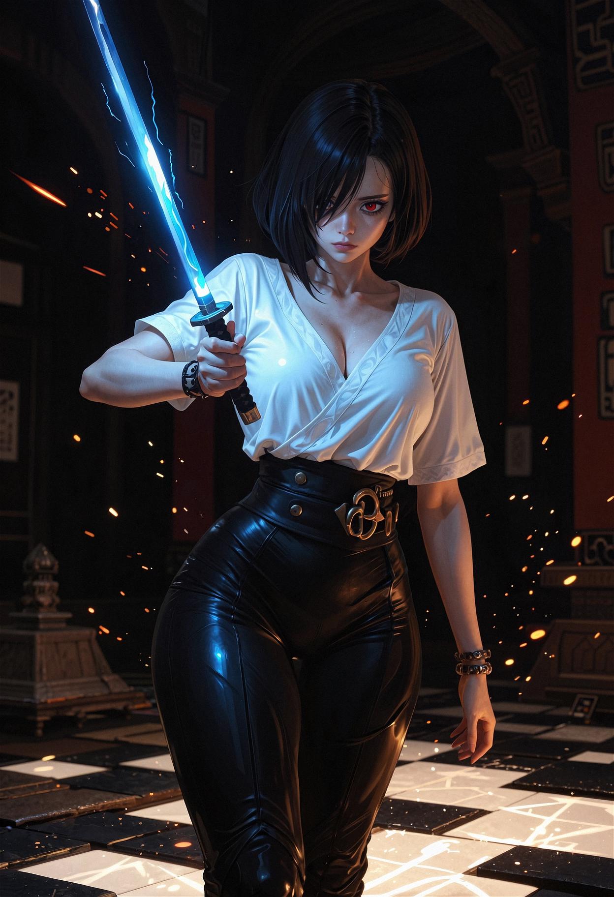 D3tailed4nime, A woman in black pants and a white top wields a glowing blue katana. Her short black hair partially obscures her intense, red-eyed gaze. Sparks and embers fly around her in the dimly lit, blurred background. Anime style, high contrast, and saturated colors.