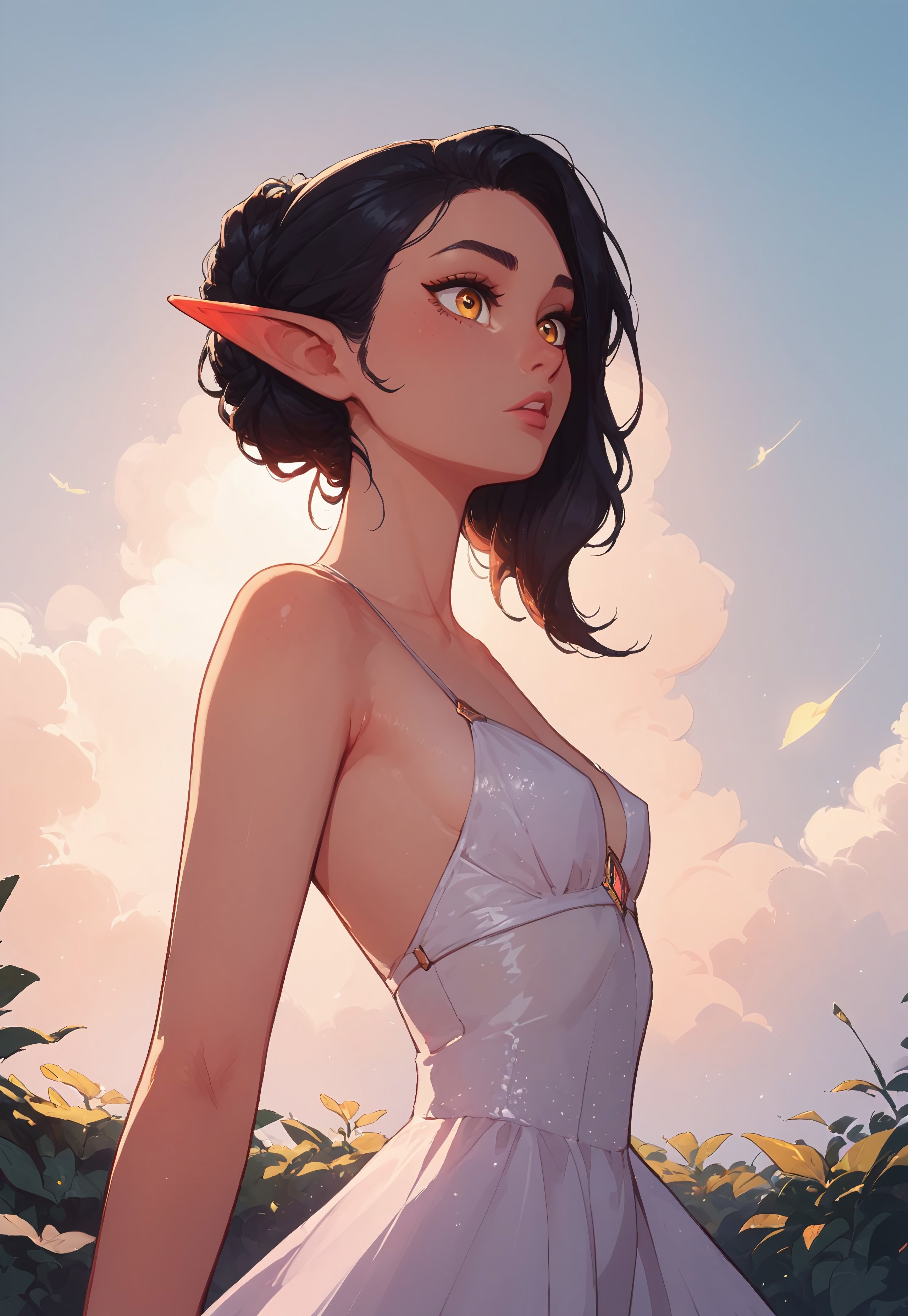 safe_pos, score_9, score_8_up, score_8, 1girl, elf, solo, perfect face, light amber eyes, cowboy shot, small breasts, long black hair, parted bangs, refined, volumetric lighting, cinematic lighting,sky background, close up, simple gown,