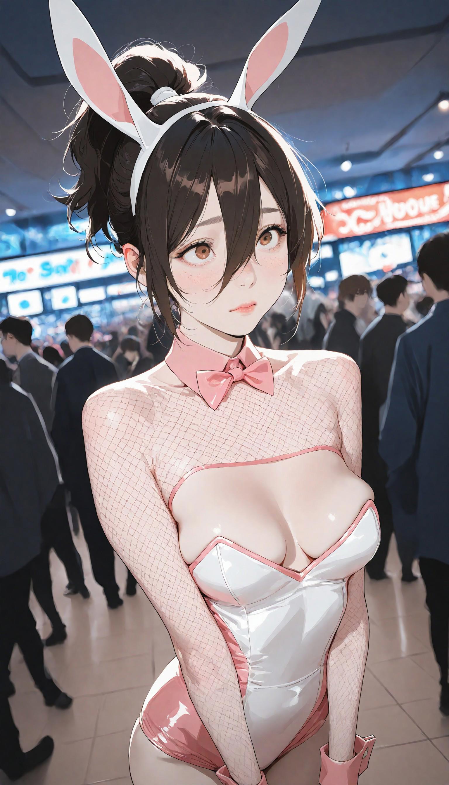 masterpiece,best quality,amazing quality,very aesthetic,absurdres, 
BREAK 
{{(light skin:2)}}, (((freckles))), ((((black hair, hair between eyes, long bangs, high ponytail)))), ((((expressive eyes, brown eyes)))),  (Beautiful face, pretty face, mature), ((tall, slim body, medium breasts)),   
BREAK
((cinematic composition, epic composition, depth of field, dynamic_lighting, detailed_background, dramatic_angle, foreshortening)), ((dynamic background)), 
, 
convention,comic con, crowd of people,blurry background, bunny suit, bunny ears, fishnets, skindentation, blushing,embarrassed expression, 
BREAK
, Jeddtl02, flat color, BSSHRGKS, East Asian, K-beauty, Slanted eyes, Asian face, Korean girl, KRGRL, realistic, blue hour, late night, dark, , <lora:51df16f0-8196-4d73-9f45-bcc0514a4893:0.7>, <lora:b30db7ae-1588-4c3c-ac9c-7300908eb343:0.4>, <lora:6023c98a-7213-43e7-8625-1efe4e41b205:0.7>, <lora:31303ad8-bfad-4c88-a167-7d46f1927128:0.5>, <lora:7bf9c74e-98d4-4777-bd49-d686819ef990:0.7>, <lora:3ce30a1d-ec43-4288-a09a-3bf002e80499:0.0>