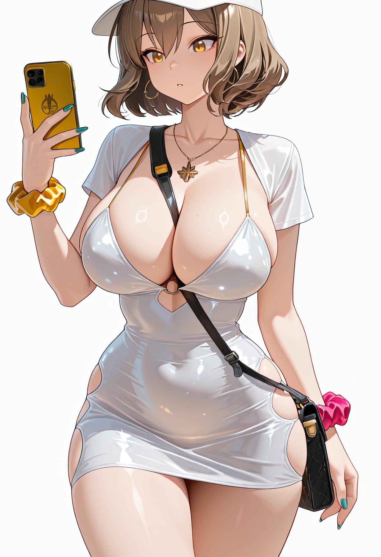 masterpiece,best quality,amazing quality, absurdres, <lora:bodycon_dress_ilxl_goofy:1> anis \(nikke\), 1girl, alternate costume, bare legs, baseball cap, between breasts, bodycon, breasts, brown hair, cellphone, cleavage, collarbone, curvy, dress, earrings, fingernails, gucci, hat, holding, holding phone, hoop earrings, jewelry, large breasts, looking at phone, nail polish, narrow waist, necklace, phone, scrunchie, short sleeves, simple background, solo, strap between breasts, thighs, white background, white dress, white hat, wrist scrunchie