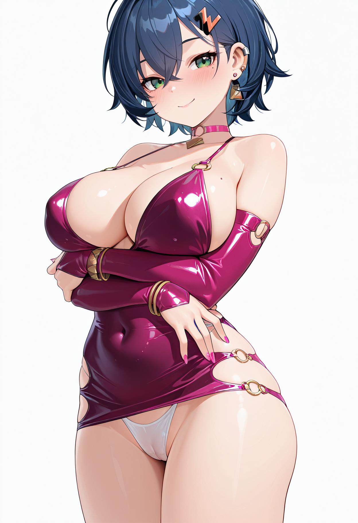masterpiece,best quality,amazing quality, absurdres, <lora:bodycon_dress_ilxl_goofy:1>belle \(zenless zone zero\), 1girl, arm under breasts, bare shoulders, blue hair, blush, bodycon, bracelet, breasts, cameltoe, choker, covered navel, detached sleeves, dress, ear piercing, earrings, green eyes, hair ornament, hairclip, jewelry, large breasts, looking at viewer, mole, mole on breast, nail polish, panties, piercing, pink choker, pink nails, purple dress, short hair, simple background, smile, solo, underwear, white background, white panties