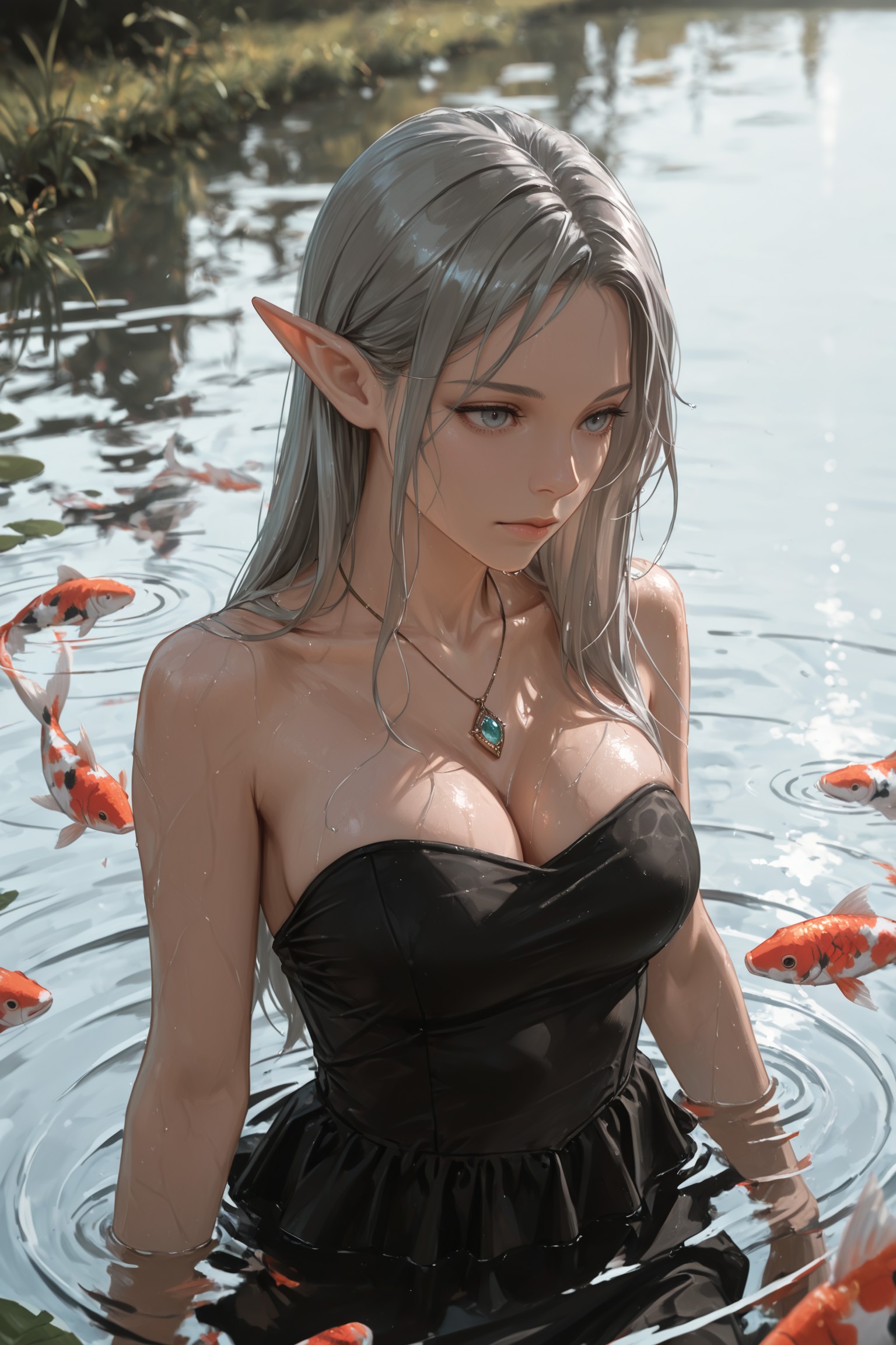 -----,1girl, solo, long hair, breasts, dress, closed mouth, cleavage, jewelry, bare shoulders, medium breasts, collarbone, grey hair, pointy ears, necklace, water, black dress, grey eyes, lips, strapless, bare arms, animal, elf, strapless dress, wading, fish, pendant, partially submerged, reflection, ripples, reflective water, koi | | masterwork, masterpiece, best quality, detailed, depth of field, , high detail, best quality, very aesthetic, 8k, dynamic pose, depth of field, dynamic angle, adult, aged up,