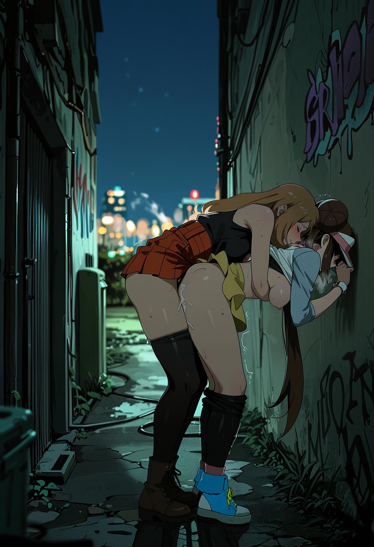 Ani2rel, anime coloring, rosa \(pokemon\), pokemon, 1girl, hair over eyes, obscured eyes, brown hair, long hair, very long hair, doughnut hair bun, double bun, twintails, medium breasts, heavy breathing, steam, visor cap, raglan sleeves, shirt lift, midriff, yellow skirt, skirt lift, black pantyhose, pantyhose pull, ass, sneakers, high tops, sweat, standing, standing sex, trembling, bent over, against wall, sex, sex from behind, cum drip, cum, cum on floor, futanari, implied futanari, serena \(pokemon\), pokemon, 1girl, obscured eyes, blonde hair, brown hair, long hair, short hair, medium breasts, breast press, steam, black thighhighs, skirt lift, boots, sex, hug, hug from behind, bent over, breasts on another's back, standing, standing sex, alley, dark, dim lighting, cracked wall, graffiti, graffiti on wall, cracked floor, grass, vines, pipeline, blurry foreground, dumpster, night, night sky, blurry, blurry background, building, city lights,  2girls, futanari, futa with female, alley, highres, masterpiece, best quality, very aesthetic, absurdres, ultra-HD, high detail,