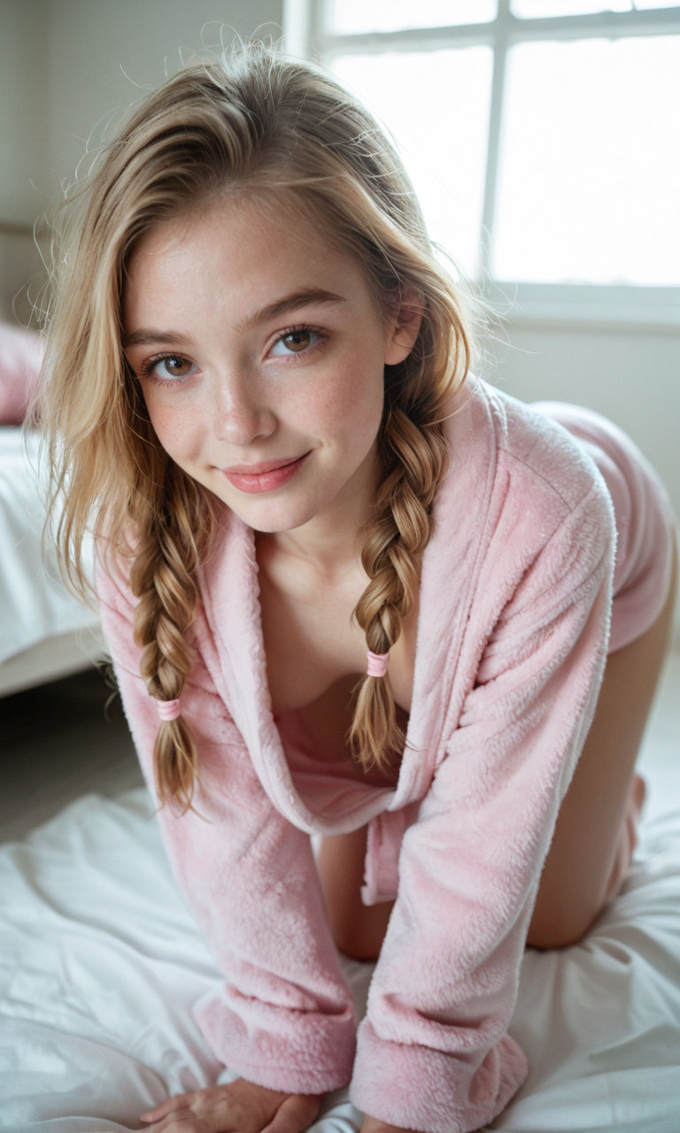1girl, [smirk], petite face, small nose, thick lips, defined eyebrows, beautiful eyes, brown eyes, (blondie hair:1.5), low-braided long hair, BREAK, petite, natural breasts, feminine, tiny waist, perfect skin, (pink mini bathrobe:1.65), BREAK, (cozy loft studio:1.5), , (all fours:1.65), centered composition, wide depth of field, candid moment, dim lighting