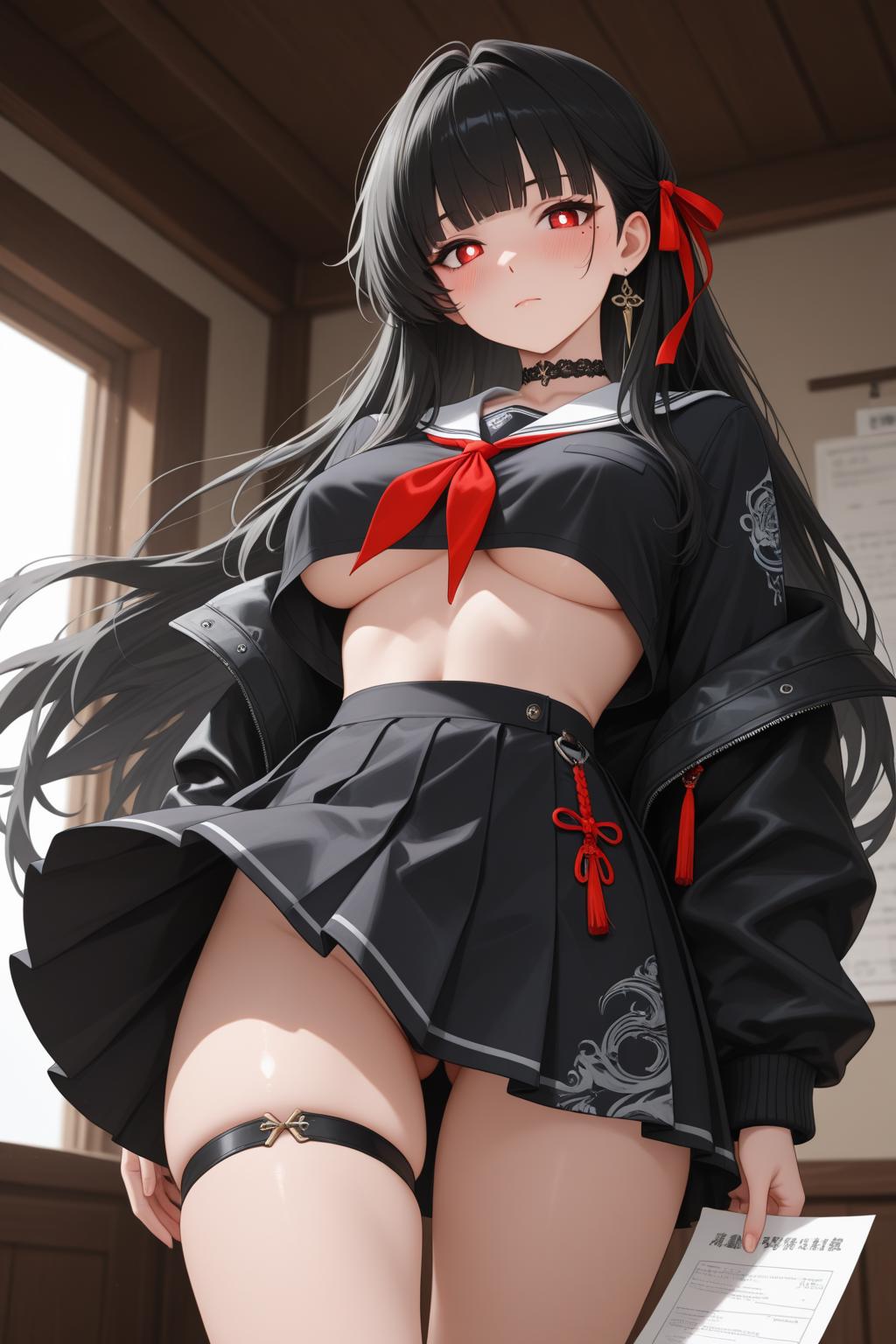 detailed_background,indoors,keikei_\(kitty_colors\),sailor_collar,white_sailor_collar,blush,very_long_hair,breasts,black_serafuku,blunt_bangs,closed_mouth,looking_at_viewer,medium_breasts,white_pupils,long_hair,black_skirt,neckerchief,black_hair,solo,red_ribbon,thighs,no_bra,red_eyes,shirt,ass_visible_through_thighs,highres,chisa_\(wuthering_waves\),skirt,thigh_strap,bright_pupils,wind,hair_ribbon,choker,black_jacket,underboob,crop_top,red_neckerchief,black_shirt,wuthering_waves,ribbon,absurdres,1girl,black_choker,mole,mole_under_eye,school_uniform,serafuku,navel,paper,jacket,stomach