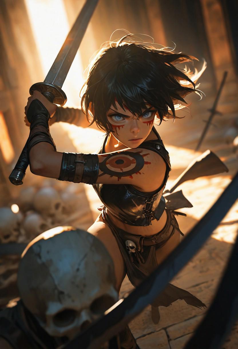 masterpiece, ultra-HD, cinematic lighting, photorealistic, impressionism (1.5), high detail, depth of field, (blurred background), (dramatic lighting),masterpiece, best quality, very aesthetic, 8k, masterpiece, ultra-HD, cinematic lighting, high detail, depth of field, soft reflections, amazing composition,(ultra-HD:0.9), cinematic lighting, photorealistic, impressionism (1.5), high detail, depth of field, (blurred background), (dramatic lighting),masterpiece, best quality, very aesthetic, , 8k,,masterpiece, ultra-HD, cinematic lighting, high detail, depth of field, soft reflections, amazing composition, warm light, firelight,pelvic curtain, tentacle,
1girl, petite, short black hair, blue eyes, highly detailed eyes, leather tank top, midriff, 18yo, afraided expression, tribal painted face, holding a sword, dynamic pose, skulls, Blood, fighting against Monster, 
studio_lights,(dimly lit:1.2),(professional lighting:1.3), Dynamic shot, foreshortening, extreme perspective, Conan Style, medieval fantasy, (face focus:1.3)