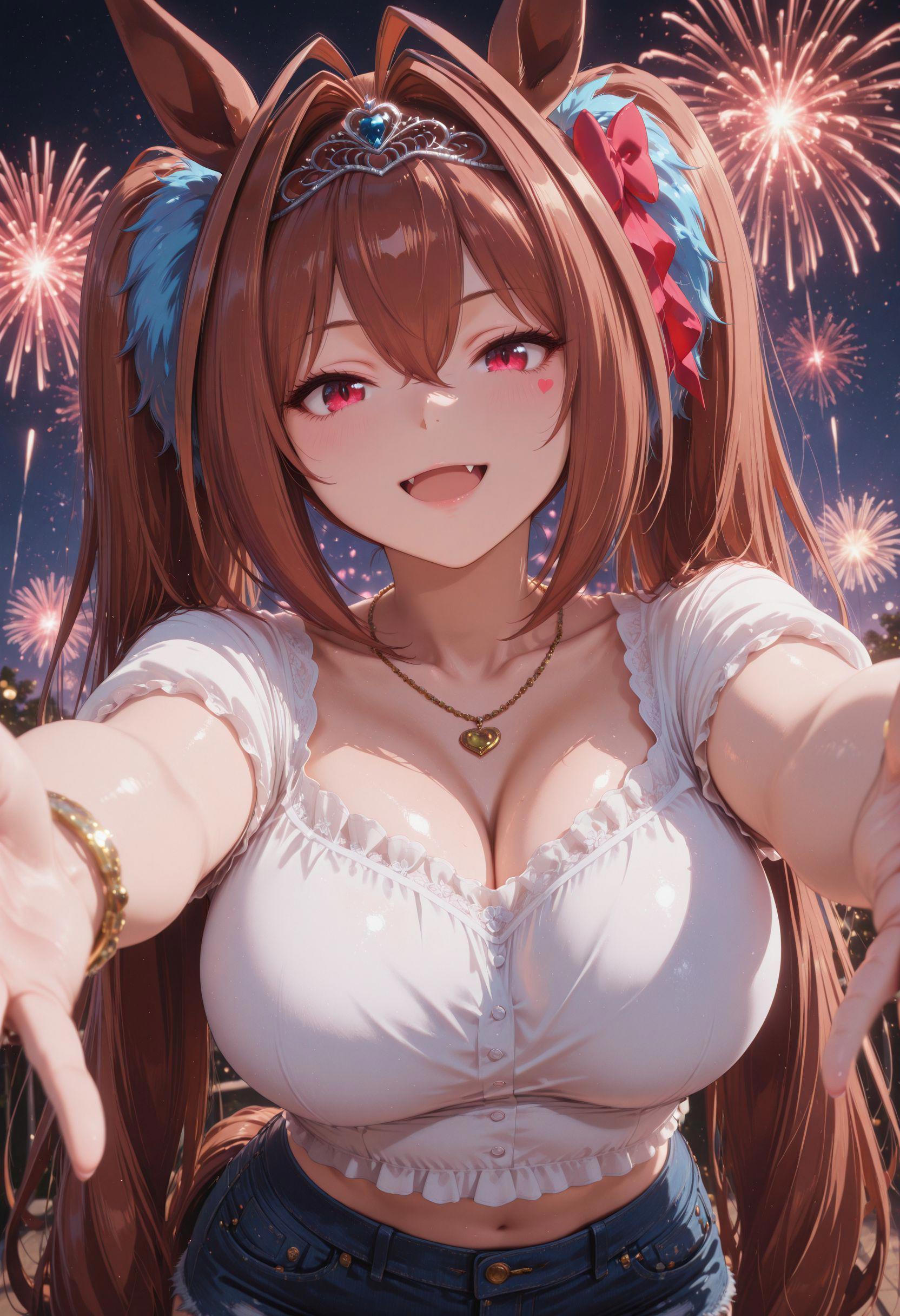 masterpiece, best quality, good quality, very aesthetic, absurdres, newest, 8K, depth of field, daiwa scarlet (umamusume), large breasts, fang, red eyes,brown hair,twintails,horse ears,horse tail,tiara,hair intakes,antenna hair,hair between eyes, white blouse, short sleeves, midriff, bracelet, jewelry, denim shorts, fireworks, incoming hug, happy, zengarden, hearts, sexy, mature woman, upper body, (anime coloring)<lora:PHM_style_IL_v3.3:0.85>,  <lora:ppw_v8_Illuv2stable_128:0.5>,<lora:r-hrtdrp:0.7>