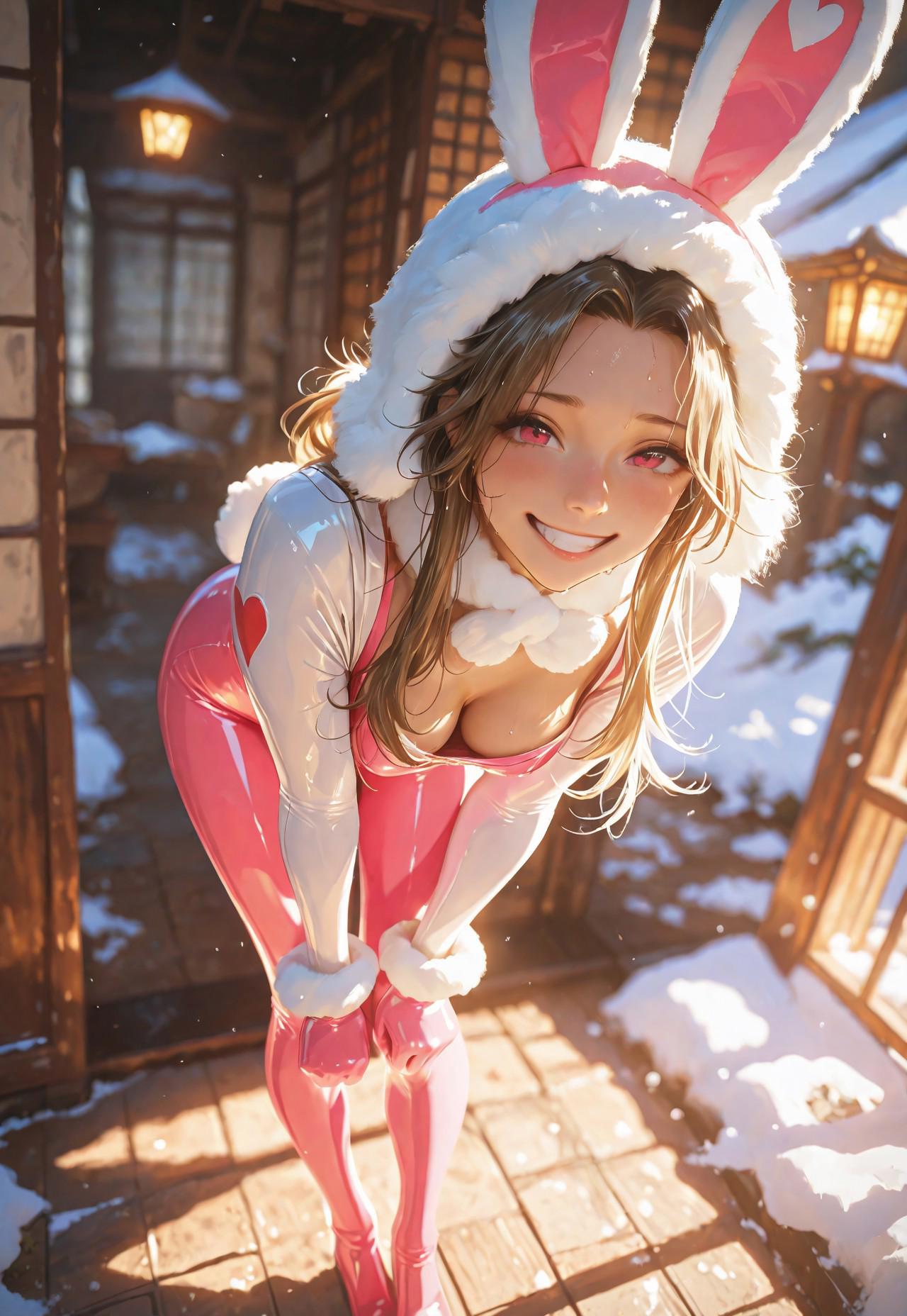 masterpiece, ultra-HD, photorealistic,impressionism (1.5), high detail, depth of field, (blurred background), best quality, (very aesthetic:1.2) , 8k, high detail, soft reflections, dramatic lighting, full body,
1girl, absurd long hair, petite, cute, medium breasts, smug,
looking at viewer,a little sweat, (blurry background :1.4),(rembrandt lighting:1.4),
(Heartful Love winter style :2.0),a fusion of organic organisms and dresses kimono-latex,skin tight, (comic book style), super cutie, dutch angle, standing, bent forward, hands on knees, deep neckline, downblouse,
big smile, teeth,
outdoor, snow,
Fantasy world of snow, rabbit suit,
beautiful face, beautiful eyes, detailed eyes, sharp focus, highest quality, ultra HD, high resolution, 8K, official_anime_key_visual, sharp Iines, vivid contrast, glossy texture,soft lighting, tonal balance, high aesthetic sense,shadow gradation, and visual harmony
BREAK, Hype4realistic, lazypos,