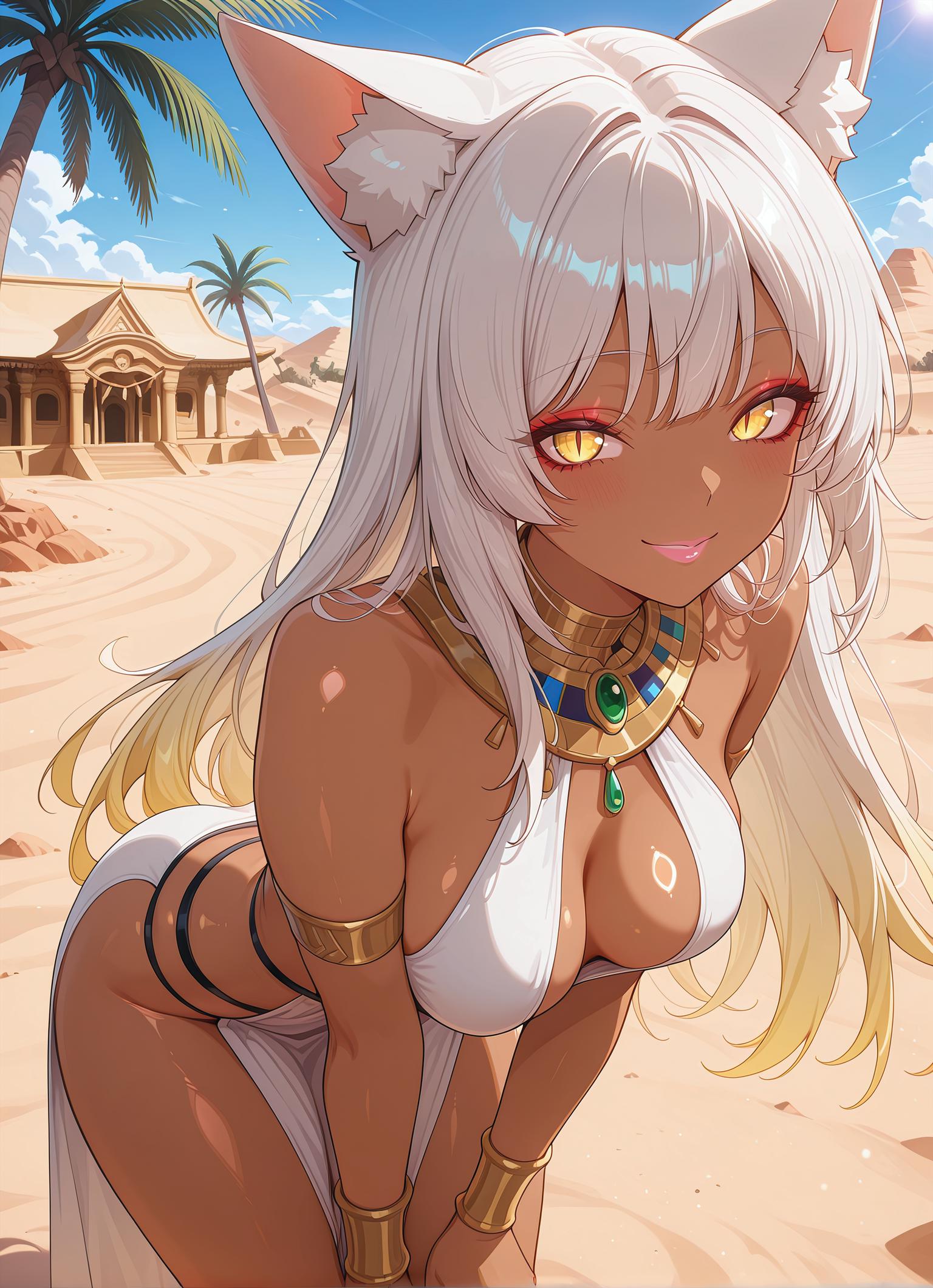 (thin lines:1.2), (masterpiece:1.2), (best quality:1.2), (amazing quality:1.2),absurdres, 8k, ultra-detailed, very awa, newest, very aesthetic, anime screencap,  solo, 
1girl, cat girl, white hair, yellow eyes, cat ears, slit pupils, dark skin, shiny skin, ancient egyptian clothes, medium breasts,  long hair, (yellow glowing hair:1.2), eyeshadow, red eyeshadow, pink lips,
dynamic pose, standing, leaning forward, smile, looking at viewer,
outdoors, sand, palm tree, desert, temple, small scorpio, BREAK (masterpiece:1.2), (best quality:1.2), (amazing quality:1.2), very awa, newest, very aesthetic , balanced lighting, soft lighting, cinematic lighting, shadow depth,depth of field,  <lora:ATRex_style:0.5> trexstyle, <lora:bullxon_darzhii_IL:0.75> bullxon, ultra-detailed eyes, detailed pupils, high gradient eyes, (big eyes:1.2), (eye reflection:0.8),