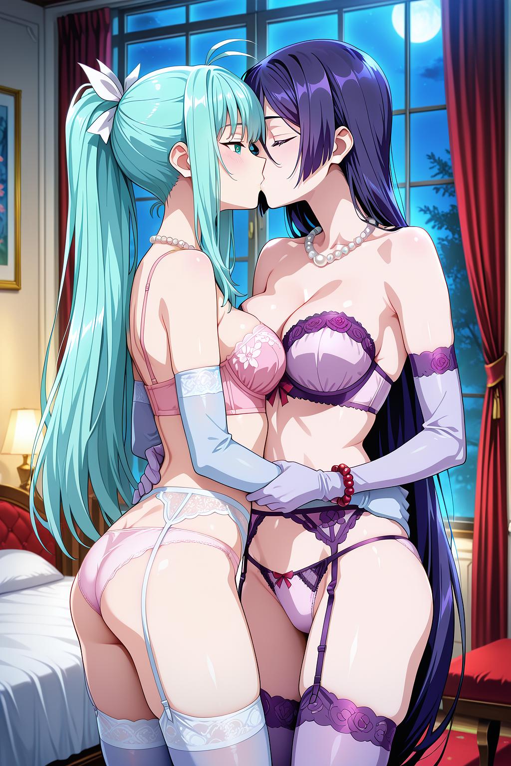 masterpiece, best quality, amazing quality, very aesthetic, absurdres, newest, anime screencap, anime colouring, highres, very detailed, anime, good anatomy, unholy-aesthetic, ultra detailed face,ultra detailed eyes, perfect eyes, 

herencia, 2girls, yuri,

royal bedroom background, red bed, white walls, indoors, dim ambient light, window, night,

<lora:gsmia-illu-nvwls-v1:1> m1a, aqua hair, parted bang, high ponytail, long hair, antenna hair, sidelocks, aqua eyes, medium breasts, 
hair ribbon, white ribbon,

underwear, purple thigh highs, panties, pink panties, pink strapless bra, balconette bra,
pearl necklace, bead bracelet,  purple elbow gloves,
garter belt, lace straps, floral lace,

standing, kissing,

addmicrodetails,
masterpiece, best quality, amazing quality, very aesthetic, absurdres, newest, anime screencap, anime colouring, highres, very detailed, anime, good anatomy, unholy-aesthetic, ultra detailed face,ultra detailed eyes, perfect eyes,

herencia, 2girls, yuri,

royal bedroom background, red bed, white walls, indoors, dim ambient light, window, night,

Minamoto no Raiko /(Fate Grand Order)/,

underwear, purple thigh highs, panties, pink panties, pink strapless bra, balconette bra,
pearl necklace, bead bracelet,  purple elbow gloves,
garter belt, lace straps, floral lace,

standing, kissing,

addmicrodetails,