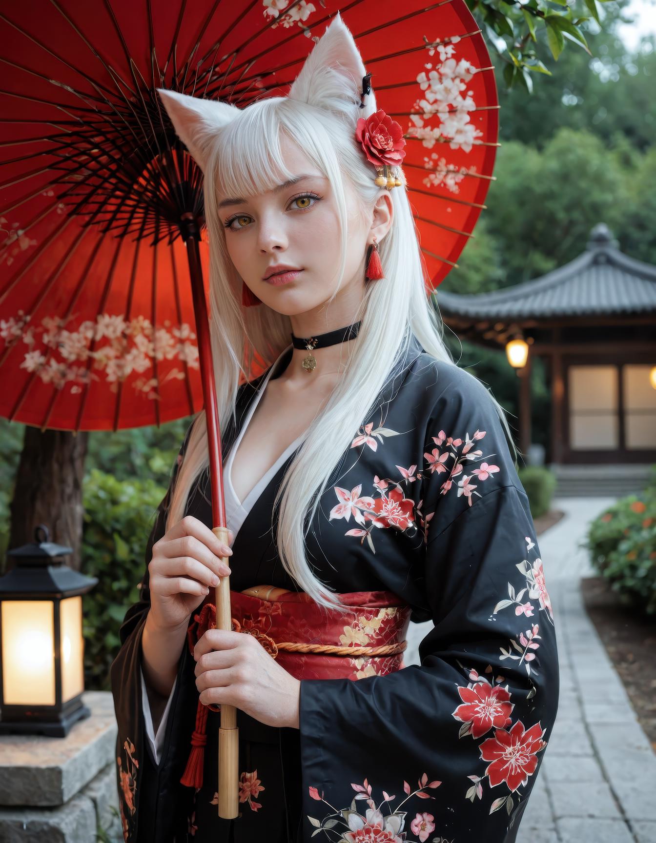 ultra photo-realistic, best quality, ultra-detailed, realistic, cinematic lighting, 1girl, fox girl, animal ears, long hair, shiny hair, white hair, yellow eyes, japanese clothes, kimono, black kimono, floral print, obi, sash, long sleeves, wide sleeves, choker, black choker, earrings, jewelry, hair ornament, hair flower, red flower, sidelocks, bangs, holding umbrella, oil-paper umbrella, red umbrella, solo, upper body, outdoors, night, lantern, tree, looking at viewer, closed mouth, parted lips, from side, blurry background
